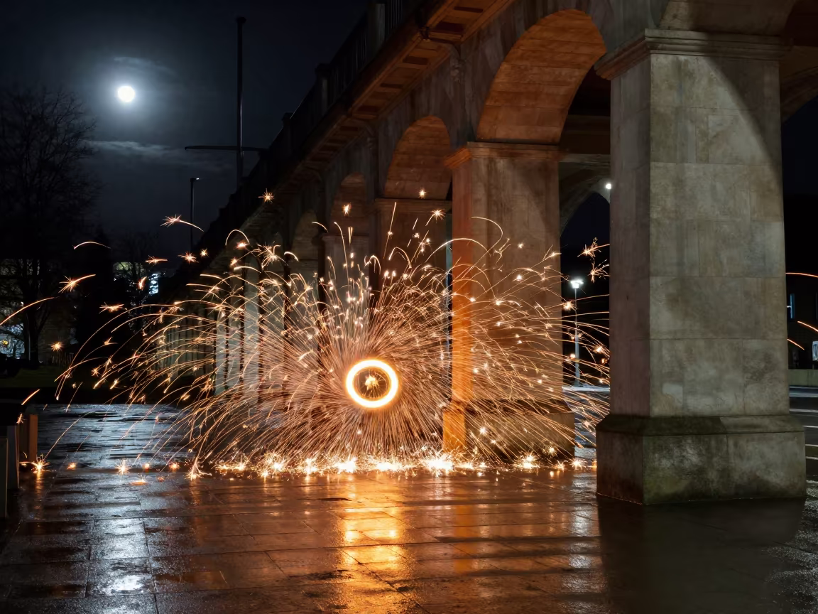 Steel Wool Sparks Spin Under Colonnade in along a colonnaded facade near Christchurch