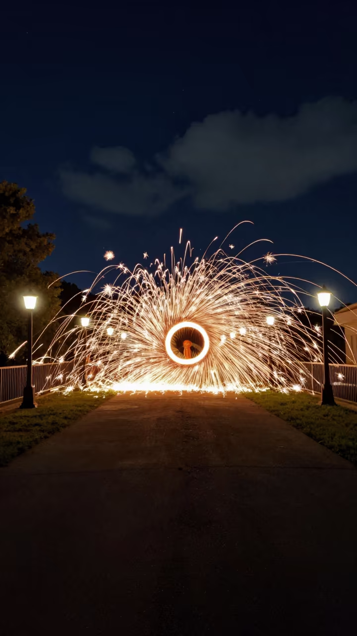 Steel Wool Sparks Under Bridge at Night in in a lantern-lined temple precinct in South Dakota