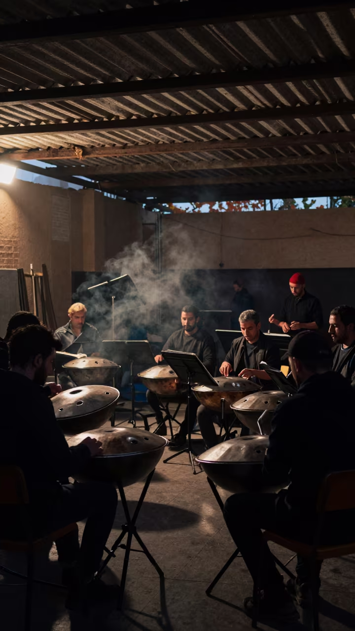 Steelpan Orchestra Rehearsal at Baghdad Dusk in in a rehearsal room in Baghdad