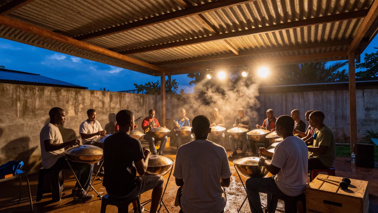Steelpan Orchestra Rehearsal at Dusk in Kingston in in a rehearsal room in Kingston