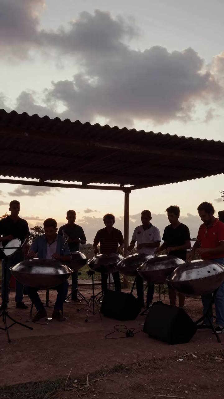 Steelpan Orchestra Rehearsal at Dusk in Tlaquepaque in in a rehearsal room in Tlaquepaque