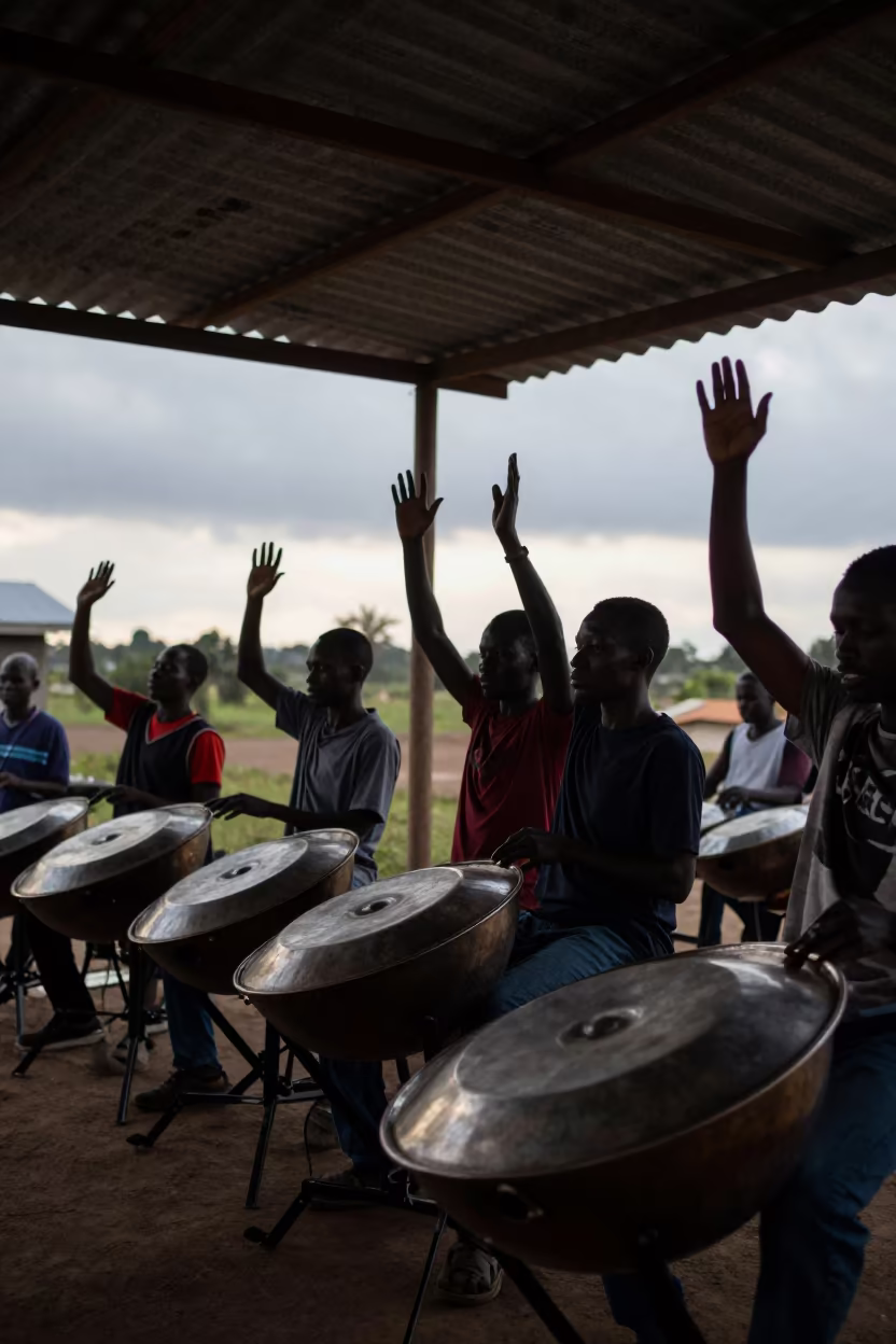 Steelpan Orchestra Rehearsal Kabwe Dusk in in a rehearsal room in Kabwe