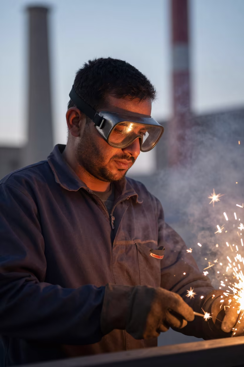 Steelworker Portrait with Spark Reflections in Goggles in in Ahvaz