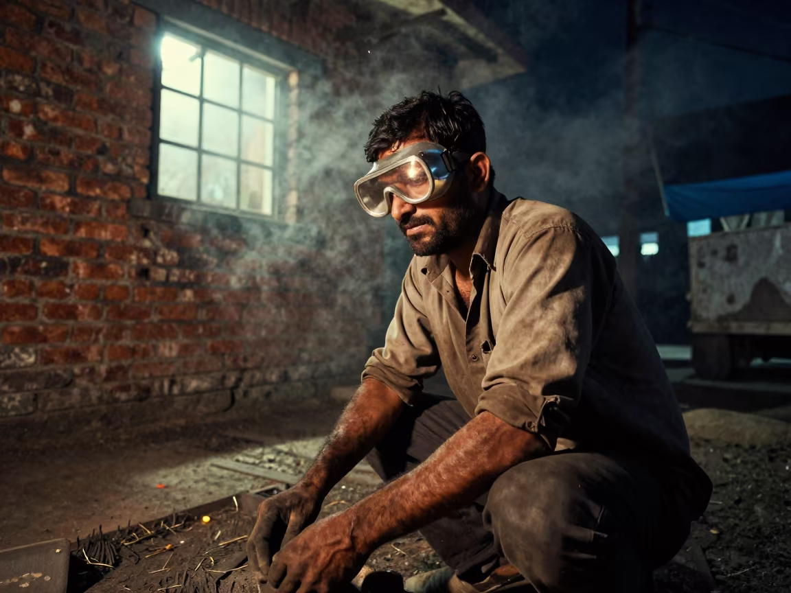 Steelworker Portrait Sparks in Goggles Karachi Night in in the old quarter in Karachi