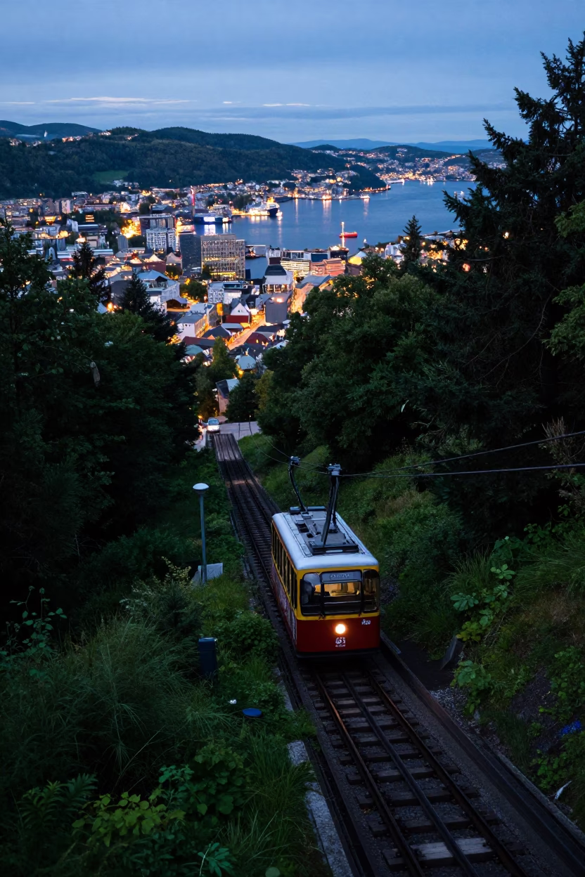 Steep Hill in Bergen at As City Lights Begin To Glow in in Bergen, Norway