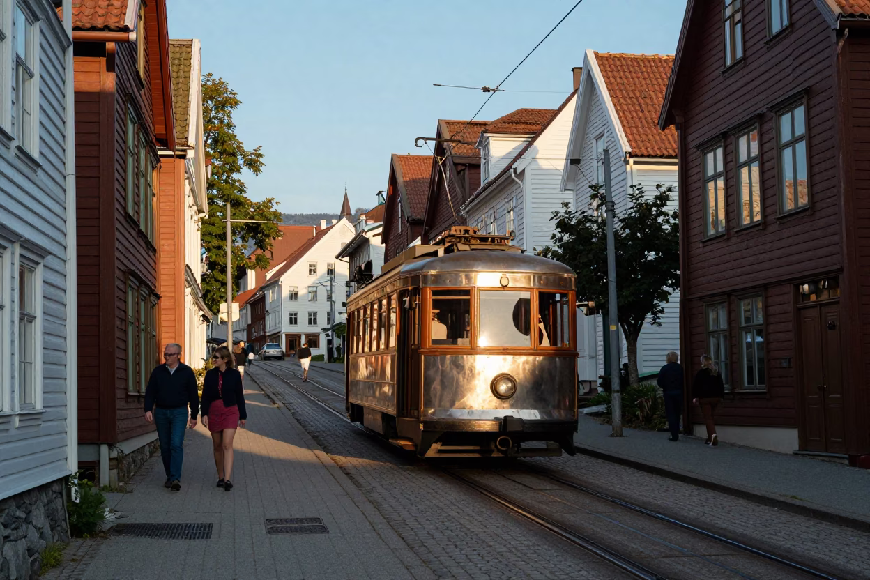 Steep Hill in Bergen at Clear Late-afternoon Light in in Bergen, Norway