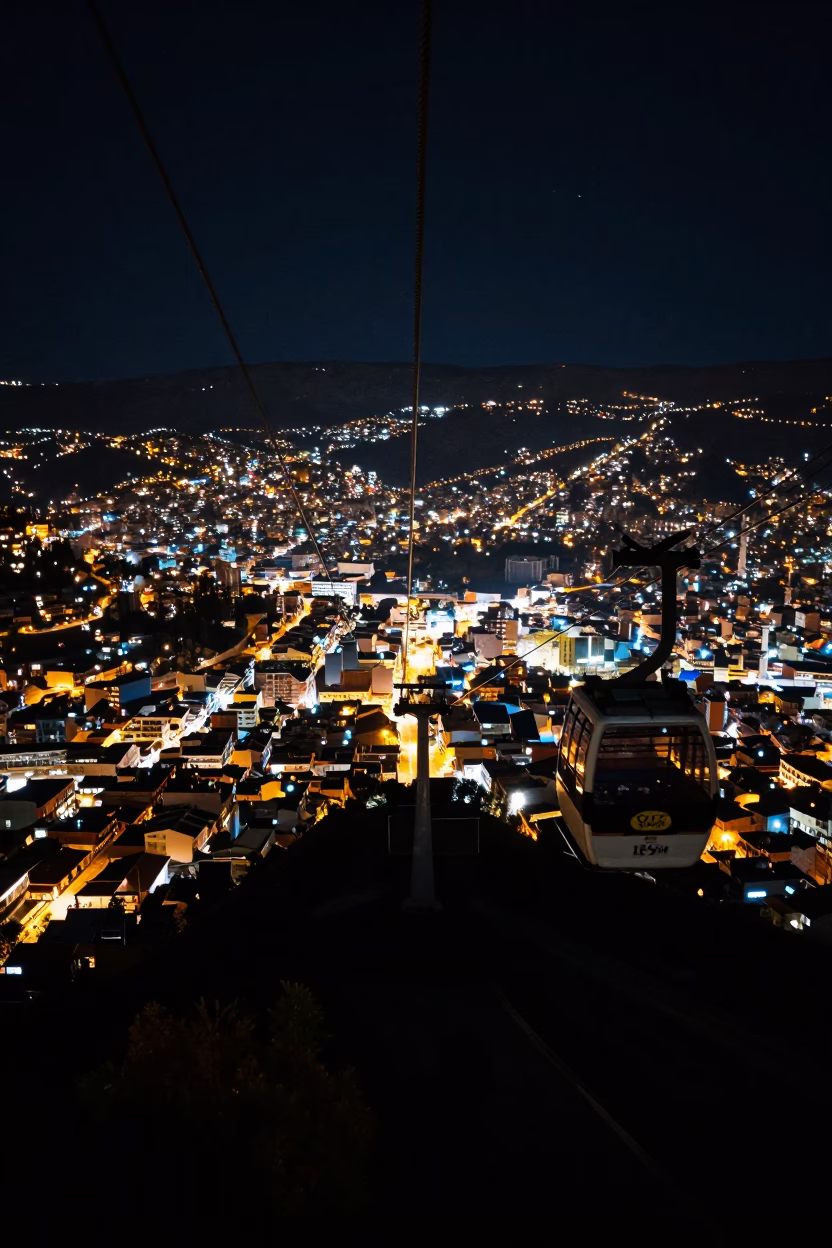 Steep Hill in La Paz at The Deepest Night Sky Light in in La Paz, Bolivia