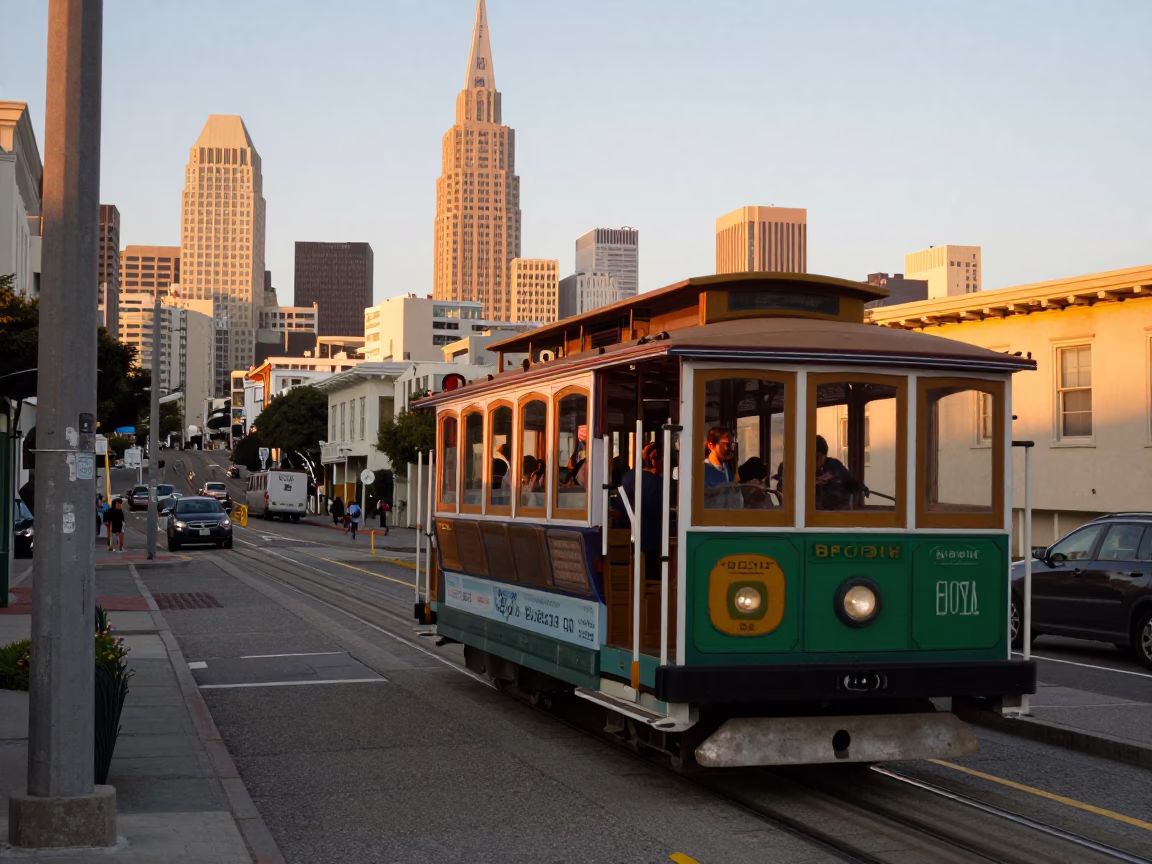 Steep Hill in San Francisco at Honeyed Evening Light in in San Francisco, California, United States