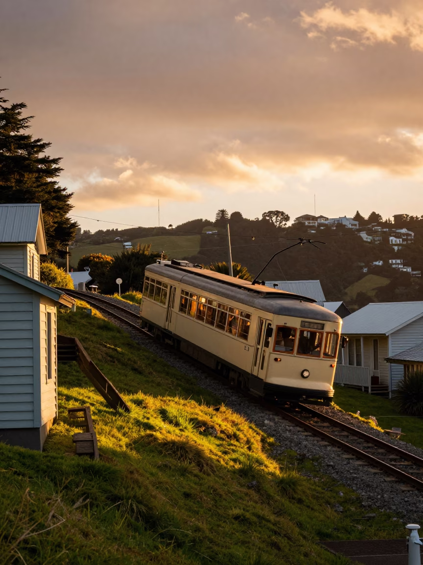Steep Hill in Wellington at Sunset Light in in Wellington, New Zealand