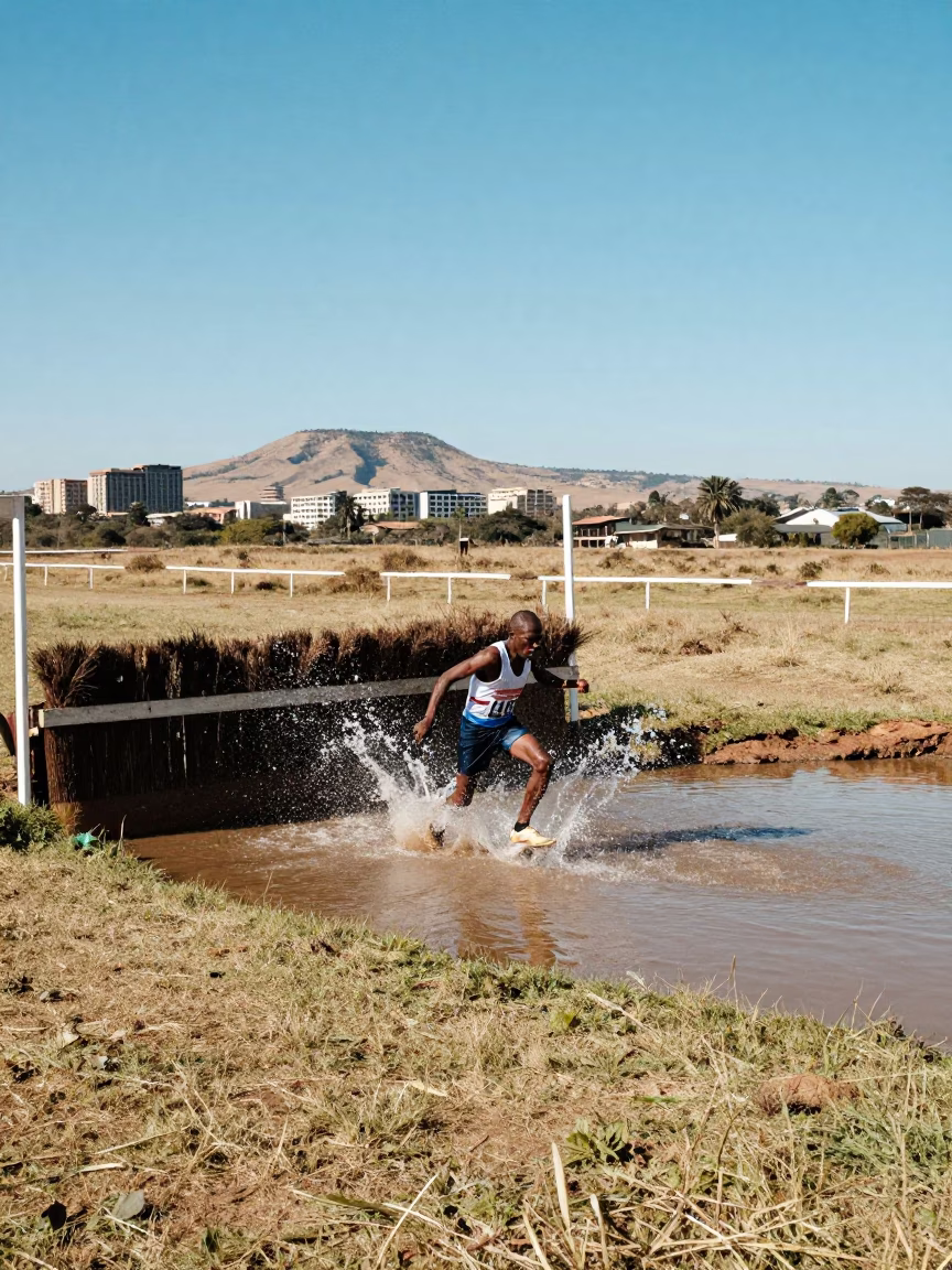 Steeplechase Runner Splashing Water Jump Nairobi in at a roadside stop near CBD, Nairobi