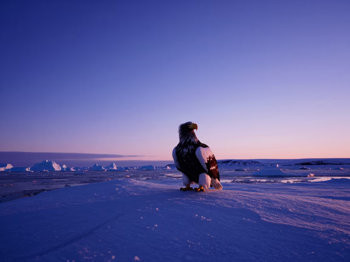 Steller's Sea Eagle on Arctic Ice Floe Twilight in near Reykjavik