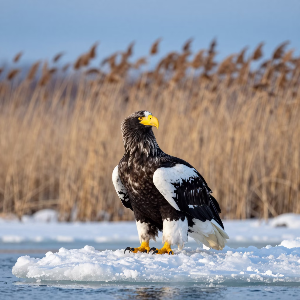 Steller's Sea Eagle on Winter Sea Ice Near Tromsø in at the edge of a reed bed near Tromsø