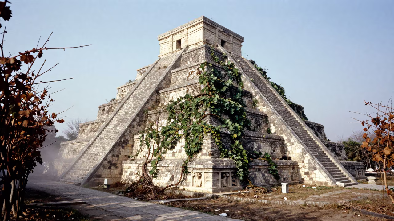 Stepped Pyramid Ruin Amid Vine Corridor in along a vine-choked corridor near Ulsan
