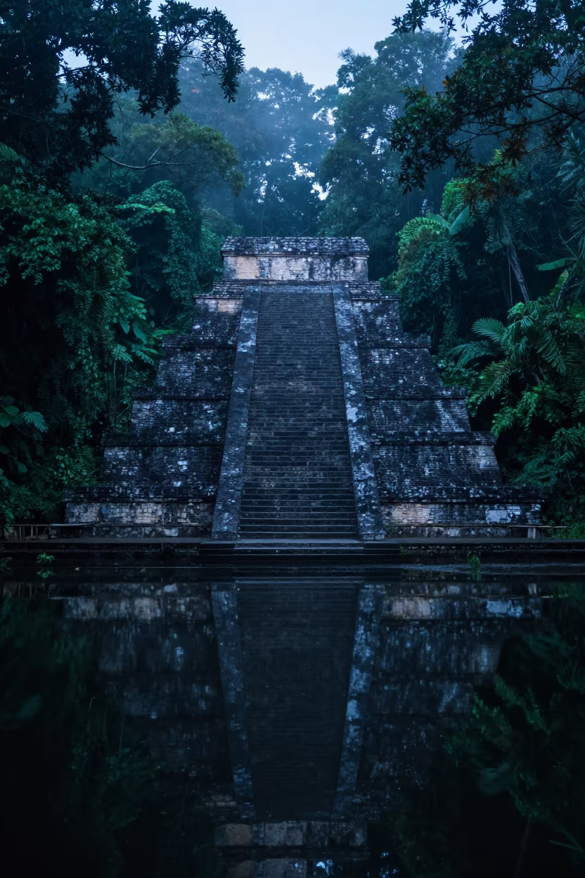 Stepped Pyramid Vietnam Jungle Indigo Evening Fog in in Vietnam