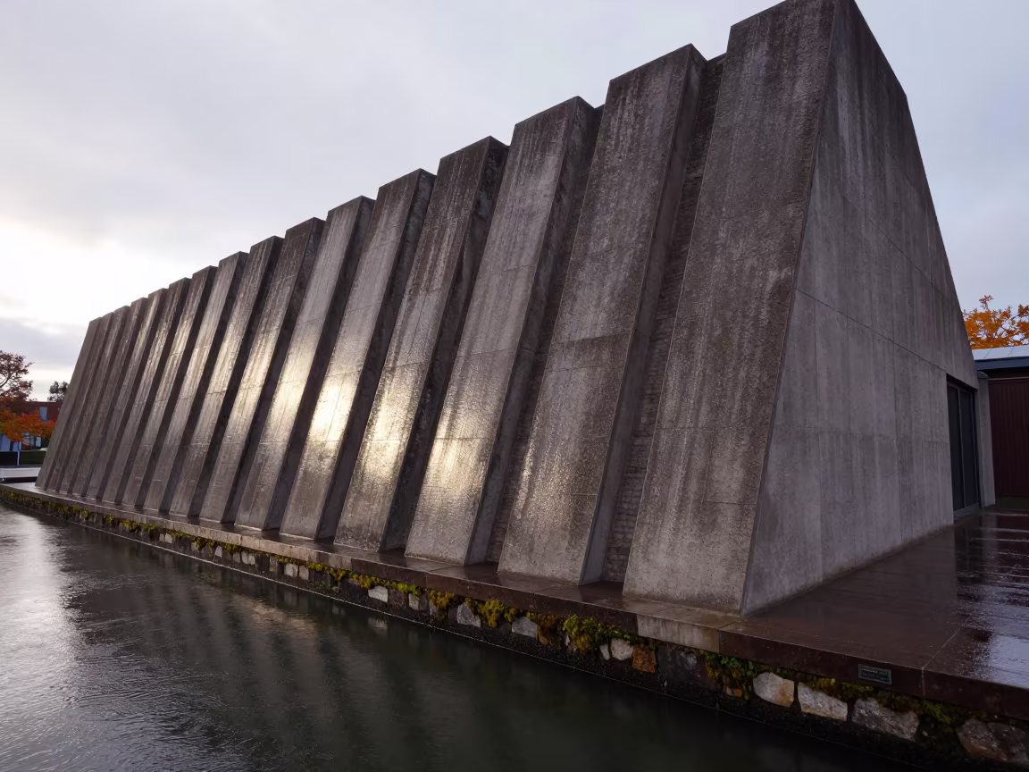 Stepped Ziggurat Facade After Rain Connecticut in beside a canal-front facade in Connecticut