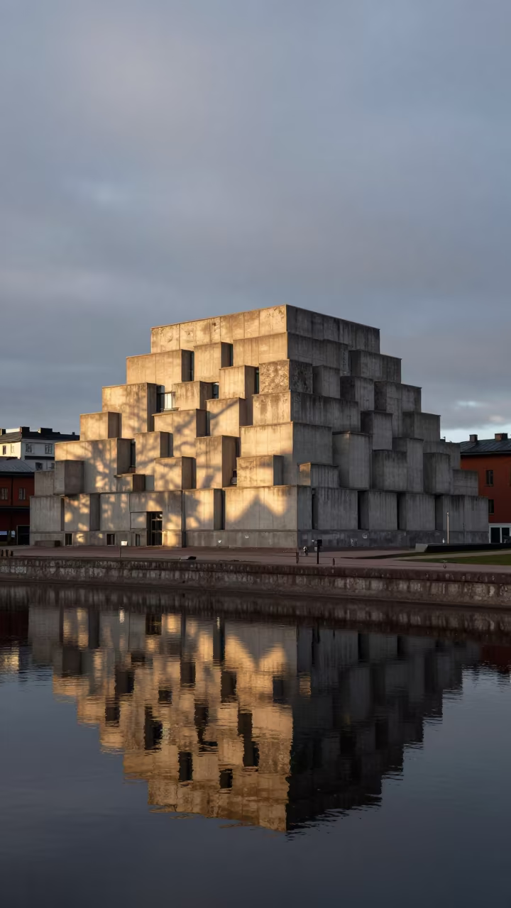 Stepped Ziggurat Facade Reflected in Canal in beside a canal-front facade in Espoo