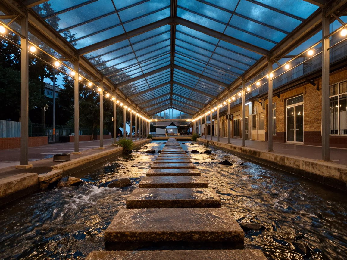 Stepping Stones in Gracia Glass Arcade Monsoon in inside a glass-roofed arcade in Gracia, Barcelona