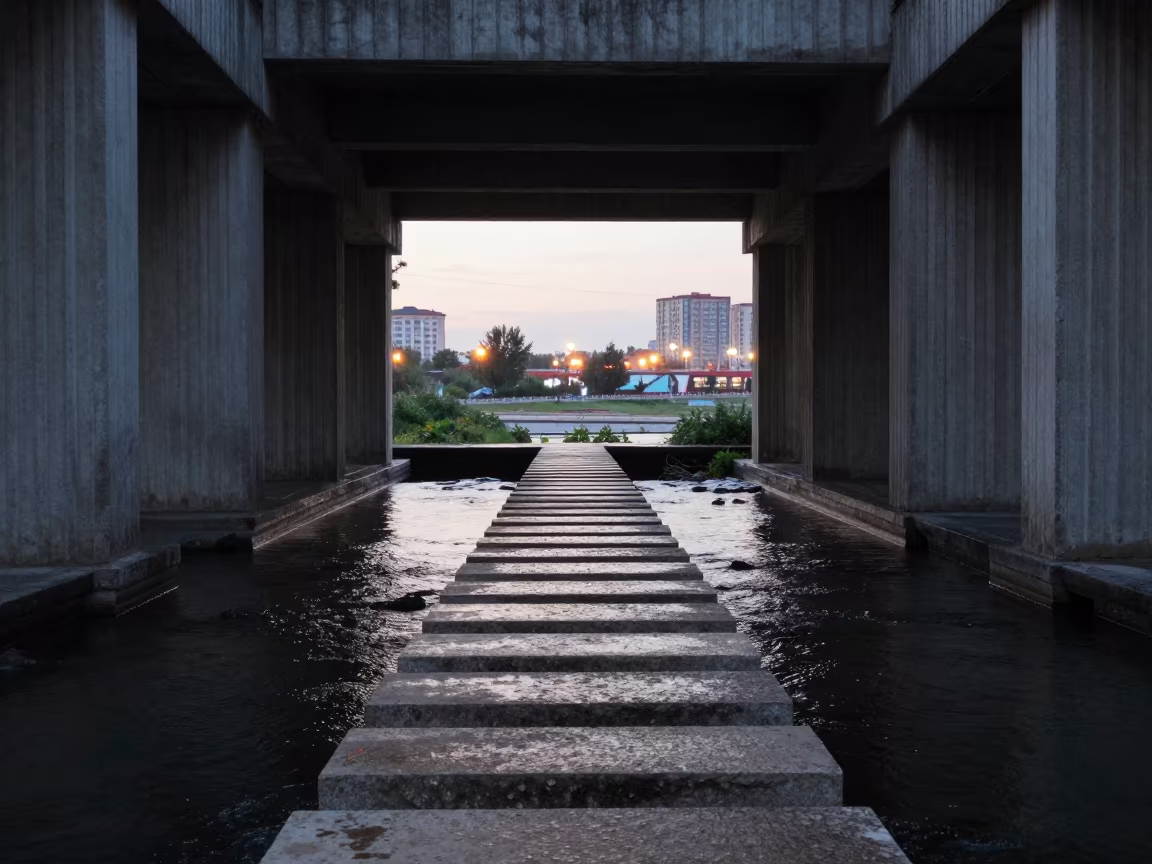 Stepping Stones Across River in Concrete Lobby in inside a ribbed concrete lobby near Semey