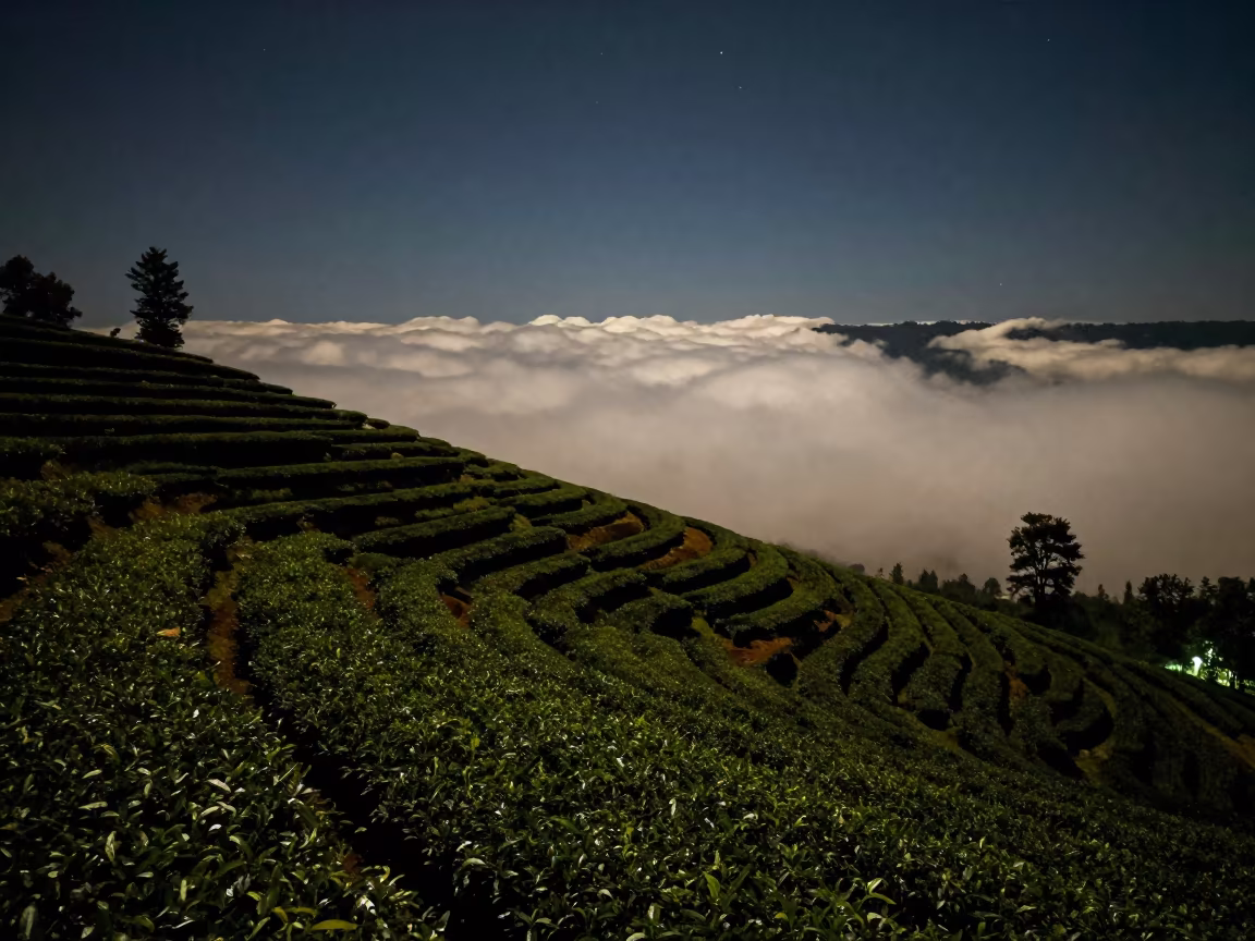 Stepping Tea Plots Descend Into Night Clouds in high above irrigation geometry in Assam