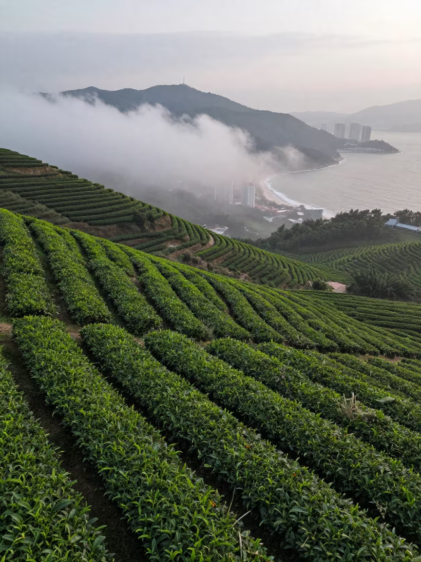 Stepping Tea Plots Over Clouds at Dawn in far above surf-scalloped coastline near Kowloon City, Hong Kong