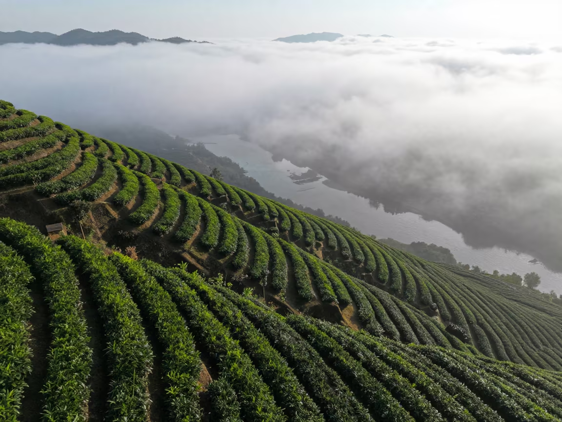 Stepping Tea Plots Over Clouds Near Windsor in far above river meanders near Windsor