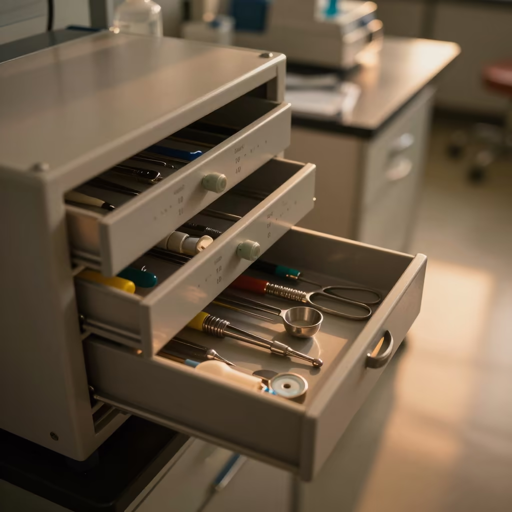 Sterile Anesthesia Drawer in Amber Lab Light in in a bright laboratory in Ulsan