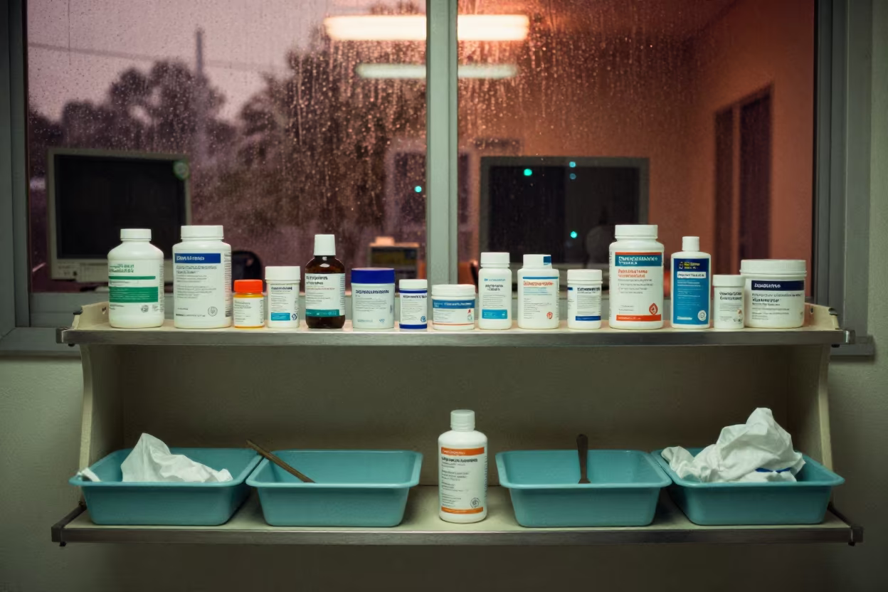 Sterile Basin Shelf at Santo Domingo Nurse Station in at a nurse station under monitor glow in Santo Domingo