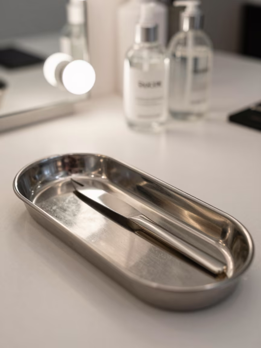 Sterile Brow Disinfect Tray in Sucre Salon in at a barber station beneath mirror bulbs in Sucre