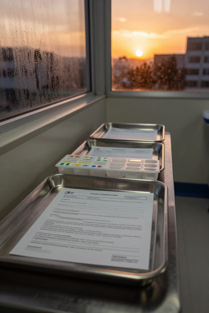 Sterile Consent Tray Under Amber Sunset Light in inside an imaging suite in Bogota