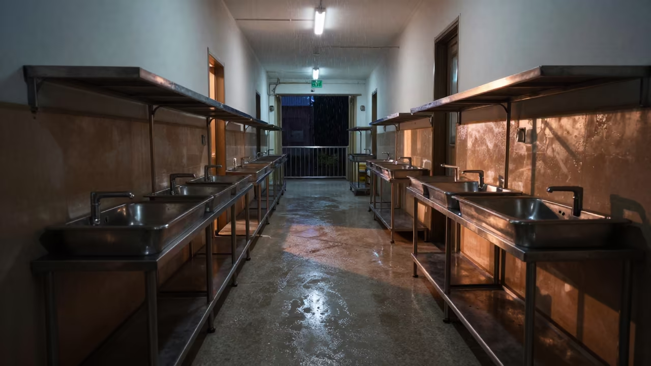 Sterile Medical Shelf in Predawn Hospital Corridor in inside a hospital corridor near Saharanpur