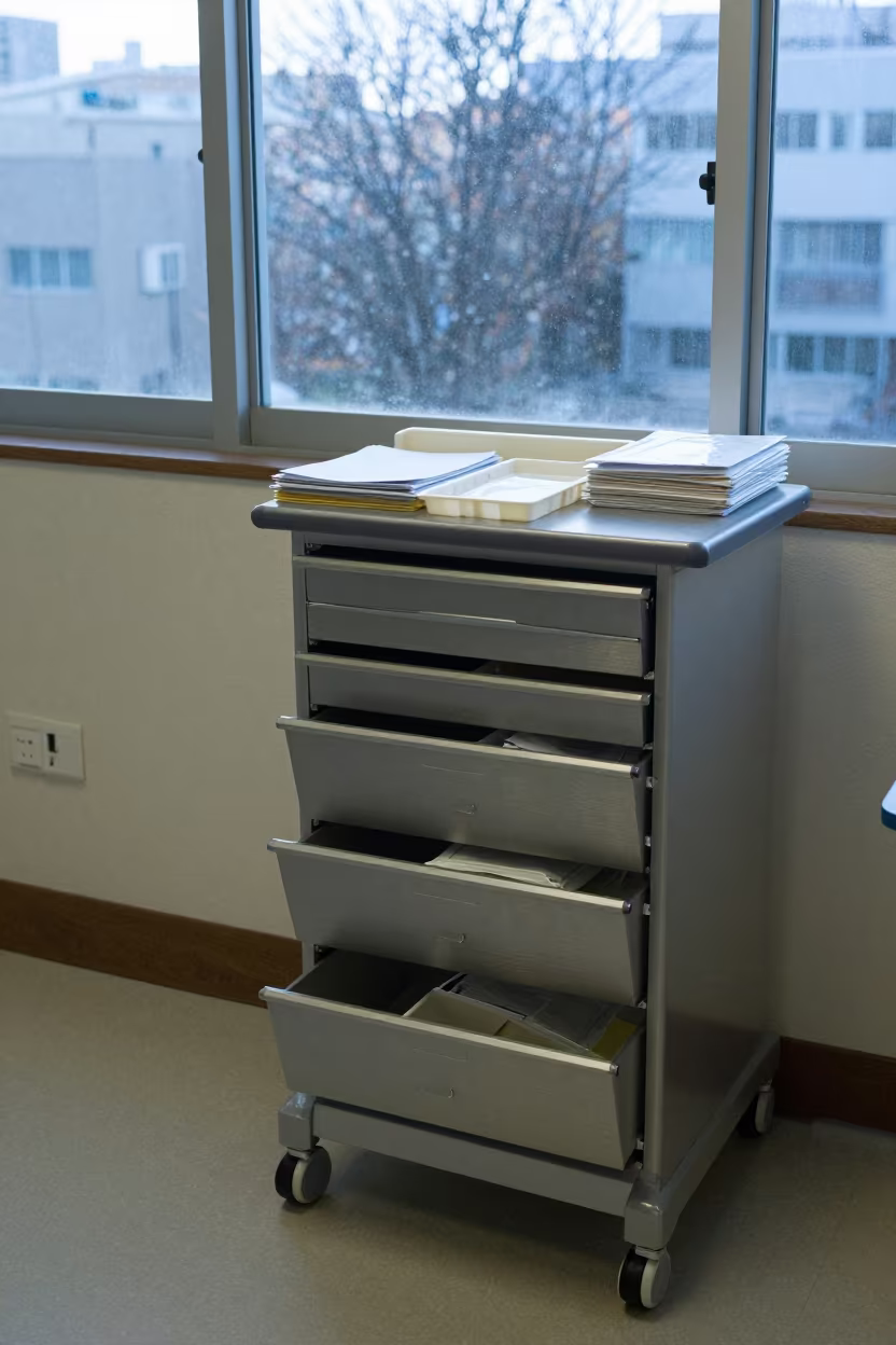 Sterile Prosthetic Drawer Under Winter Light in inside an imaging suite in Yokohama
