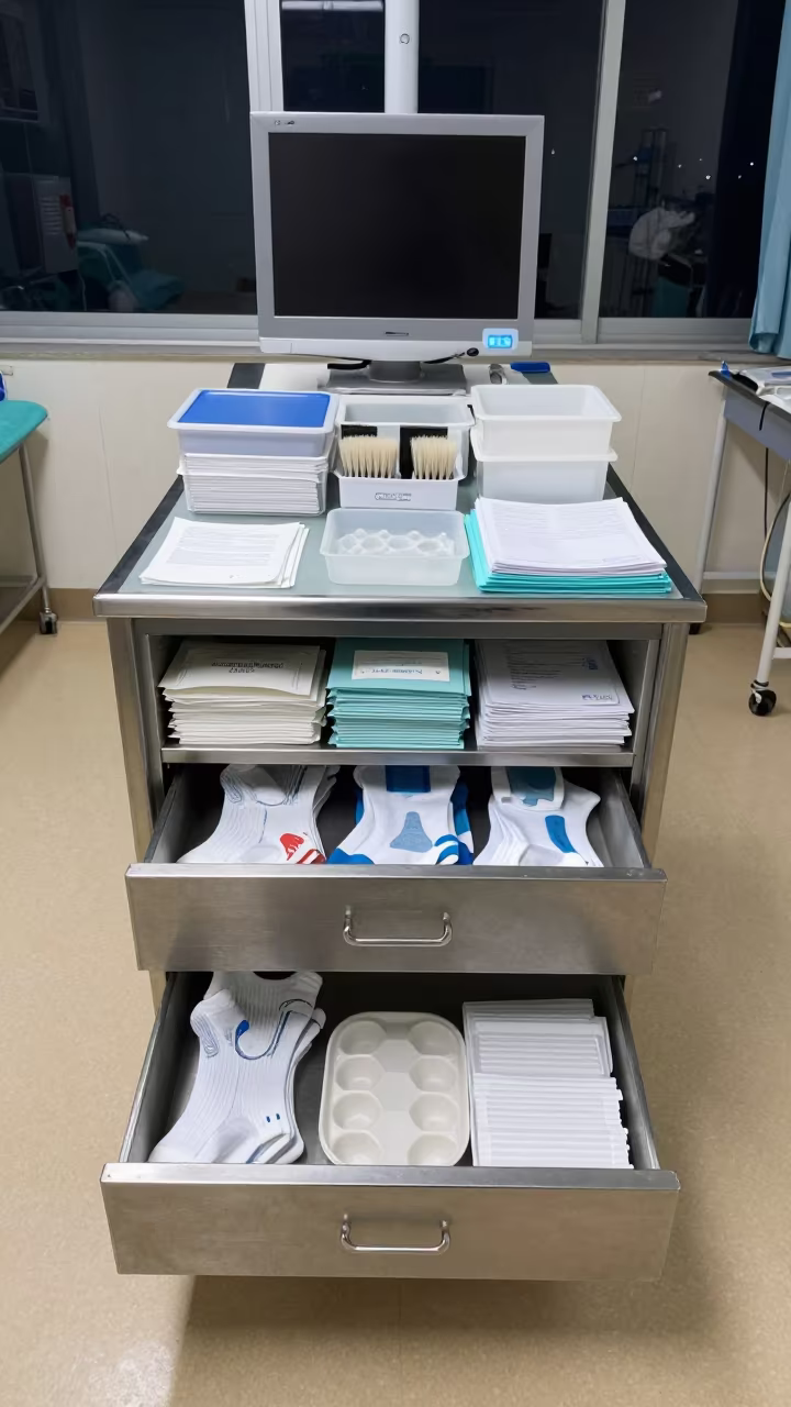 Sterile Prosthetic Sock Drawer in Guangzhou Nurse Station in at a nurse station under monitor glow in Guangzhou