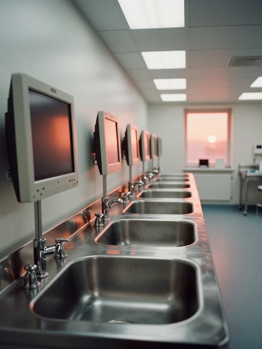 Sterile Sink Row in Finnish Hospital Before Dusk in at a nurse station under monitor glow in Oulu