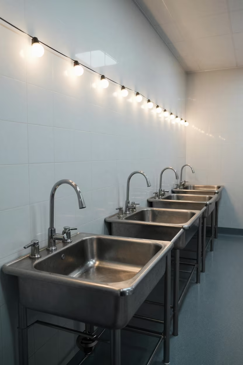 Sterile Surgical Scrub Sinks Before Dawn in in a surgical prep area near Hong Kong