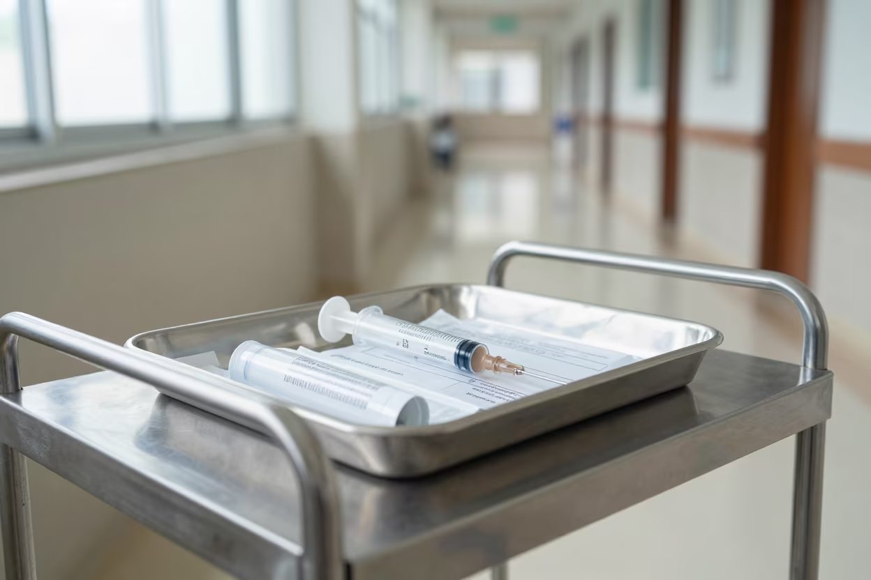 Sterile Syringe Tray in Bandung Hospital Corridor in inside a hospital corridor in Bandung