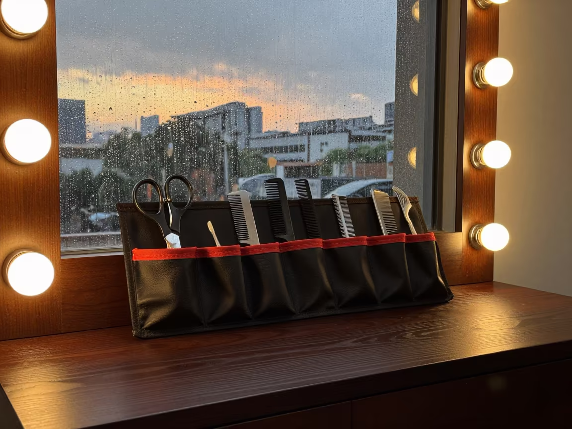 Sterilized Barber Tools Under Warm Sunset Glow in at a barber station beneath mirror bulbs near Guangzhou