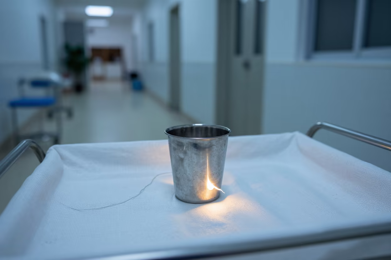 Sterilizer Cup on Linen Cart Before Dawn in along a linen cart bay outside treatment rooms in Jinja