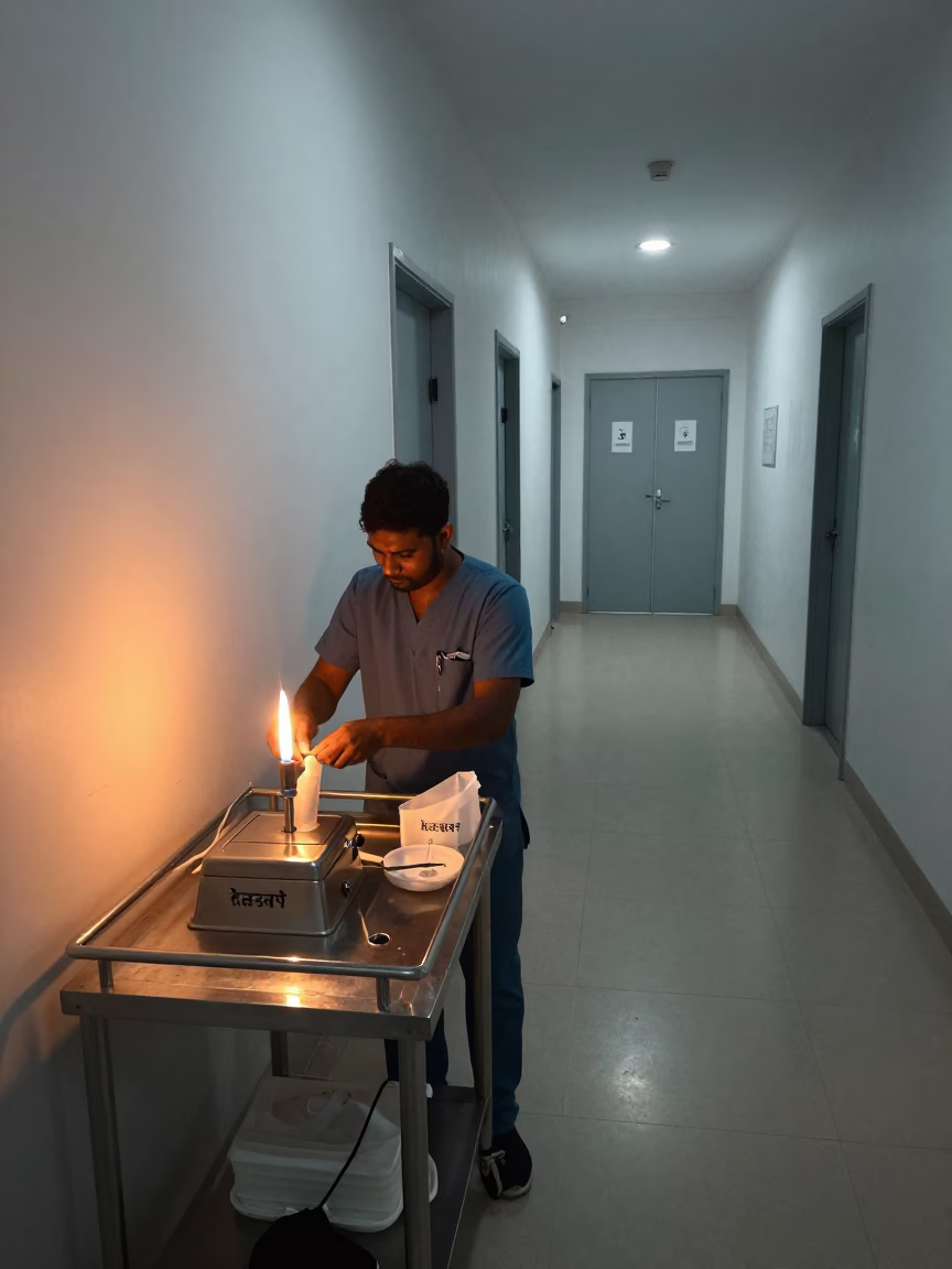 Sterilizer Cup on Linen Cart Before Dawn in along a linen cart bay outside treatment rooms near Kanpur