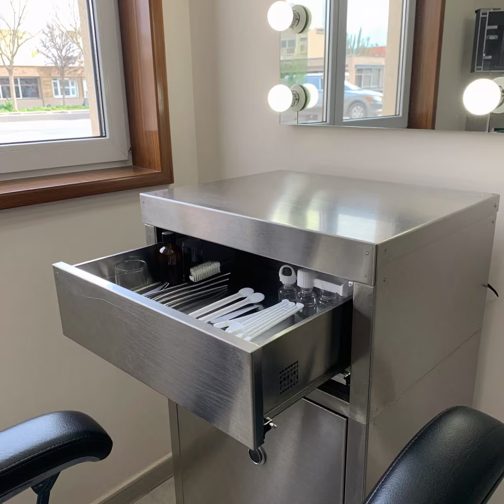 Sterilizer Drawer at Barber Station Al-Hasakah in at a barber station beneath mirror bulbs near Al-Hasakah