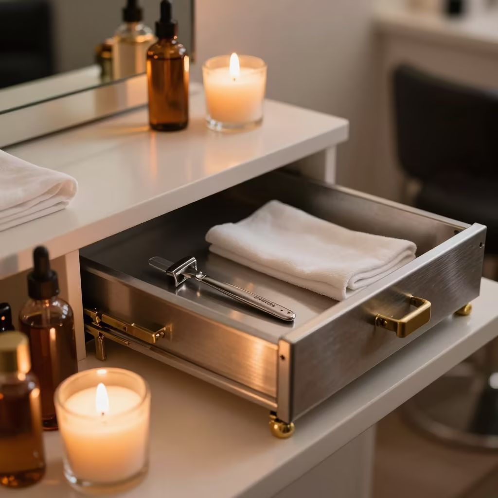 Sterilizer Drawer in Evening Salon Light in at a salon reception counter in Van