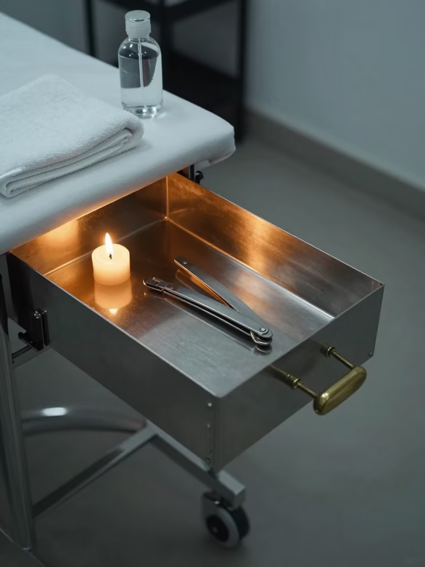 Sterilizer Drawer in Madurai Salon Predawn Firelight in inside a skincare treatment room in Madurai