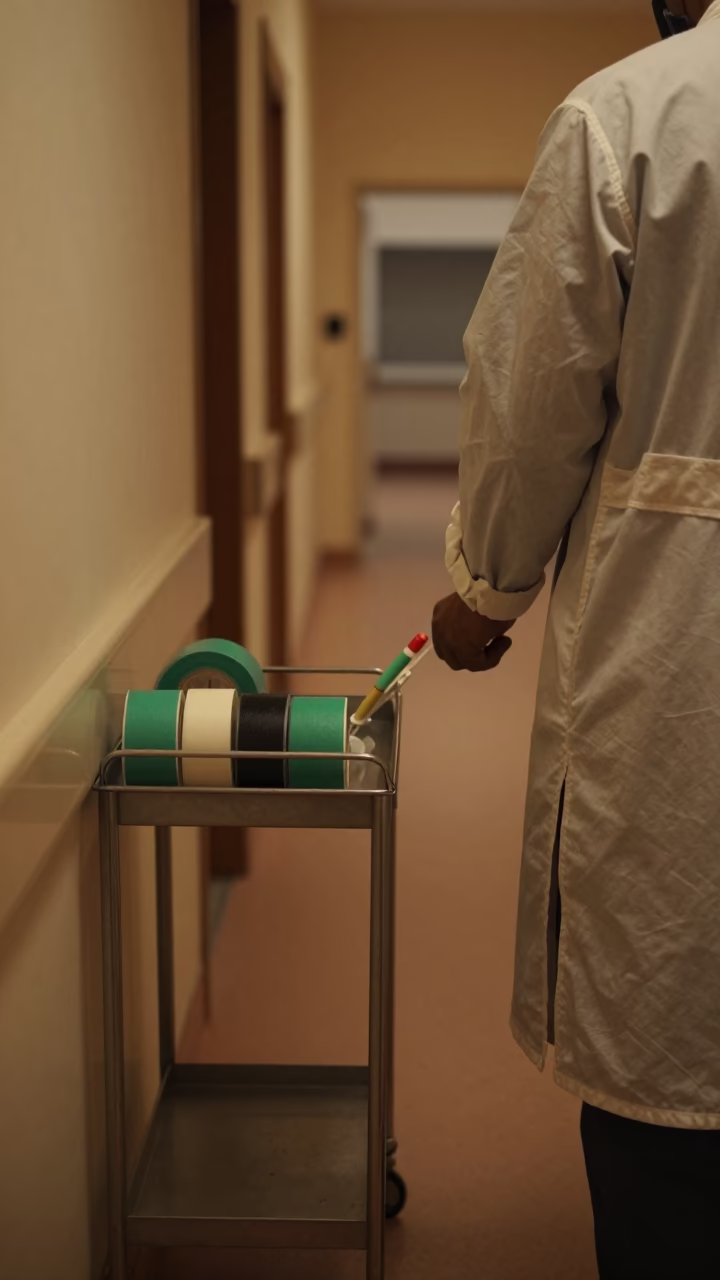 Sterilizer Tape Caddy in Predawn Hospital Corridor in inside a hospital corridor near Hisar