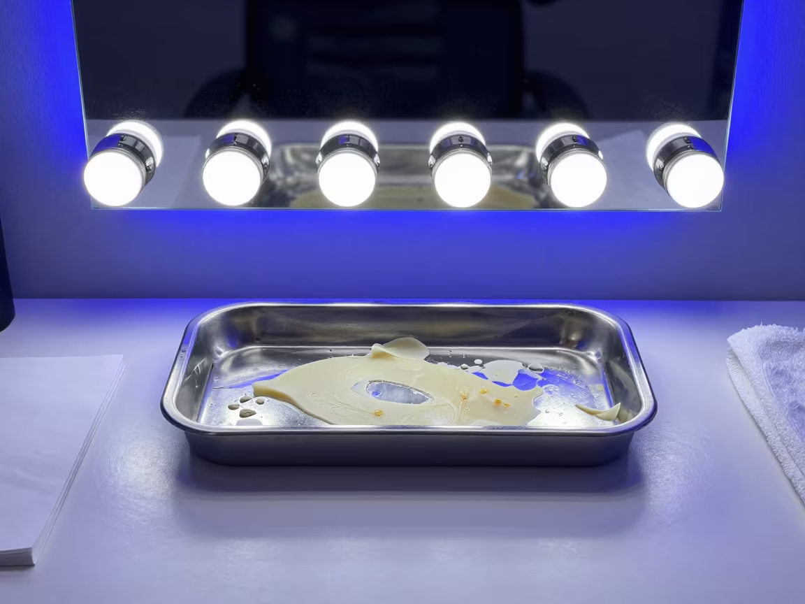 Sterilizer Tray Under Barber Station Lights in at a barber station beneath mirror bulbs in Nawa