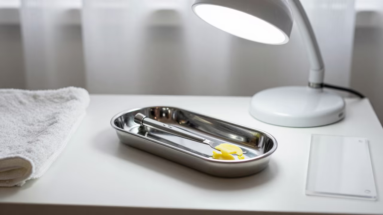 Sterilizer Tray With Wax Residue in Bright Light in in a beauty supply area under white LEDs near Gothenburg