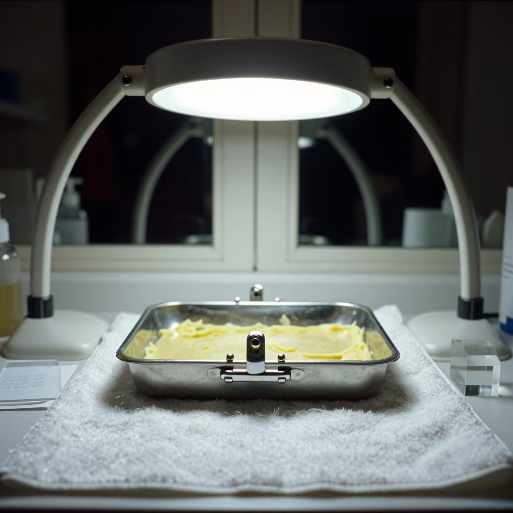Sterilizer Tray with Wax Residue Under LED Light in in a beauty supply area under white LEDs in Pisa