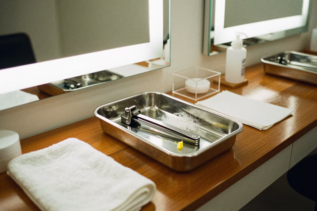 Sterilizer Tray with Wax Residue in Salon in in a beauty supply area under white LEDs in Puerto La Cruz