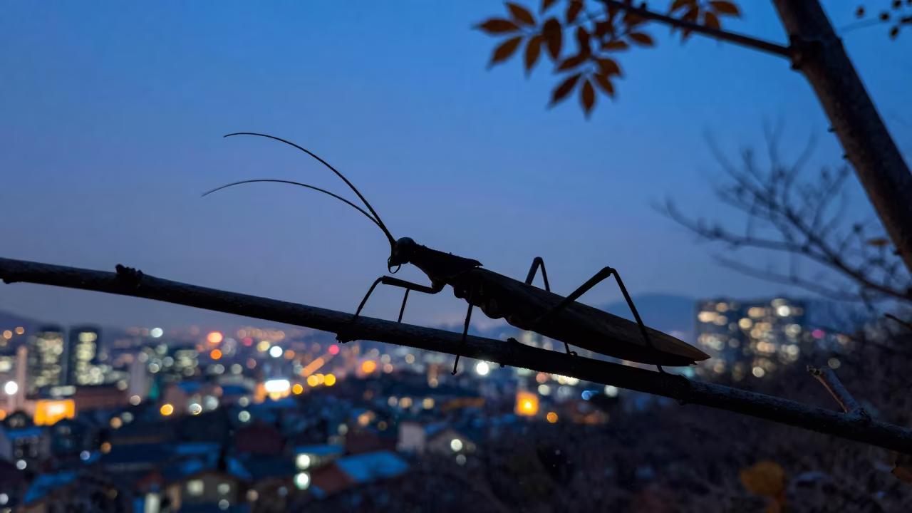 Silhouetted Stick Insect on Twig in Seoul Snow in near Jongno, Seoul
