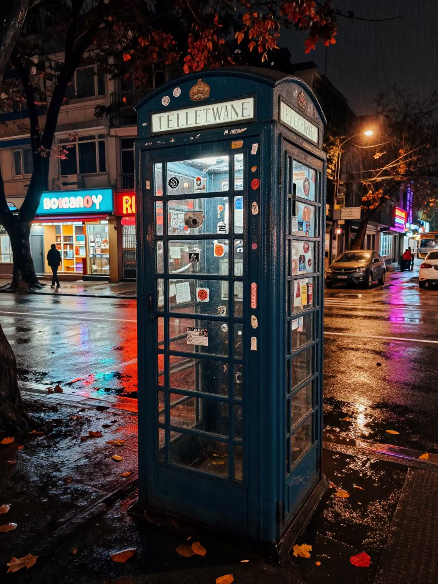 Sticker Covered Phone Booth Night Sylhet Street in outside a corner cafe in Sylhet