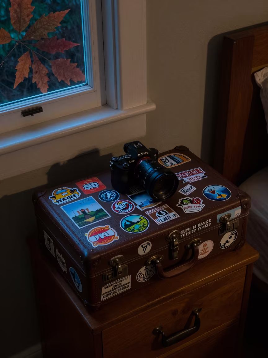 Sticker-Covered Suitcase Night Port Elizabeth in on a bedside table in Port Elizabeth