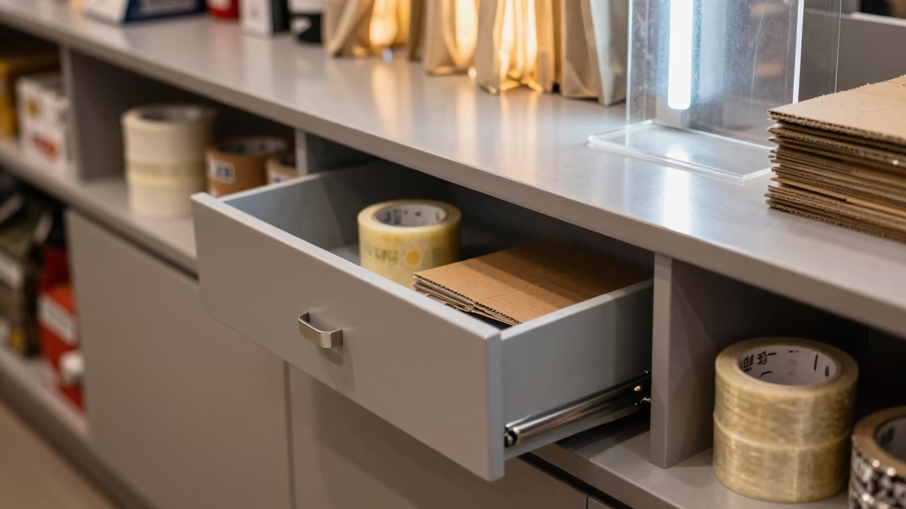 Sticker Drawer on Retail Counter Late Autumn in at a cash wrap counter with bags stacked nearby near Changsha